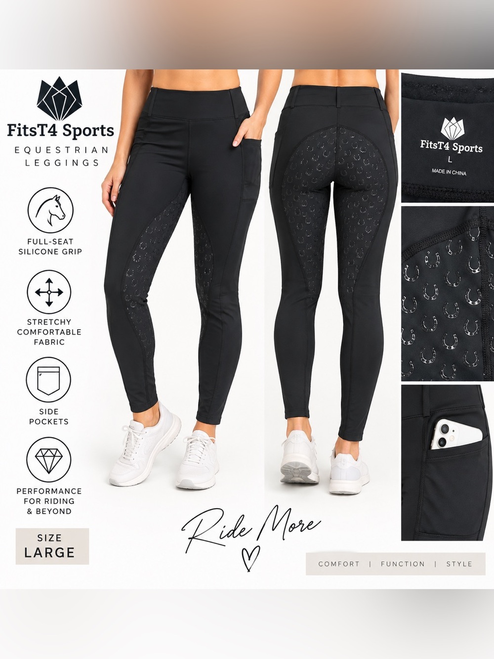 FitsT4 Sports Women’s Black Equestrian Riding Leggings Breeches Size Large